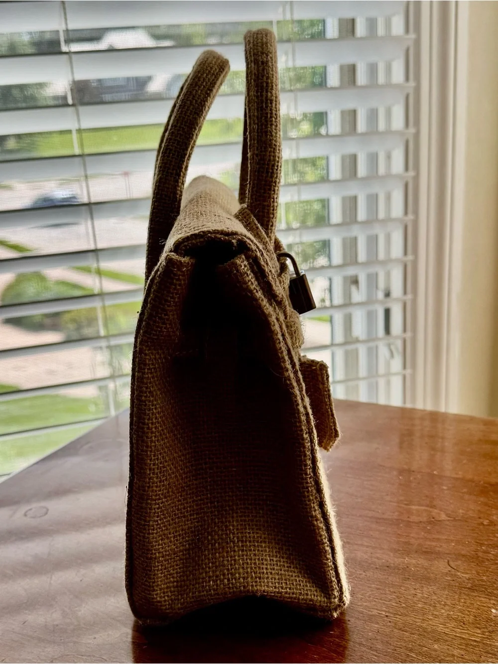 Birkin Style 25 Satchel Double Handle Bag - Natural Jute/Burlap - 25cm - Picture 4 of 7